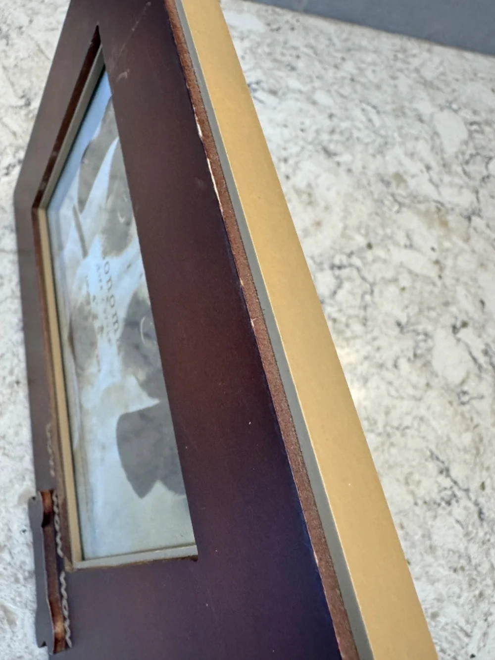 A Sonoma Life & Style brown wood picture frame with dog bone and bow wow wow